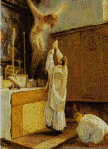 Painting of a priest elevating the Host at the altar during a traditional Latin Mass